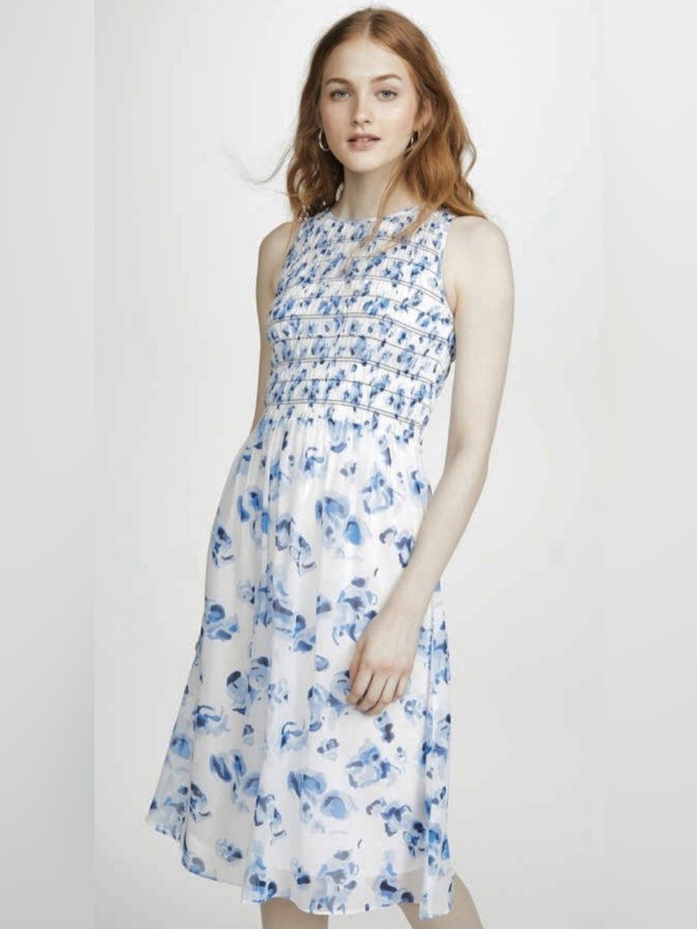 Club Monaco Women’s Silk White Cobalt Blue Floral Full Liner Dress Size 2 Preppy